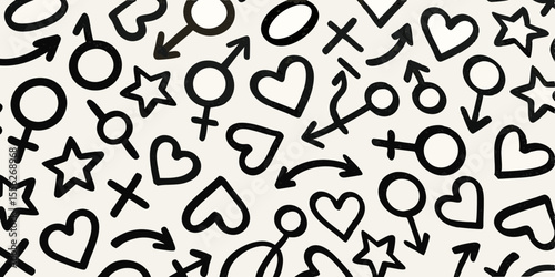 Hand drawn symbols of love gender and direction on a textured cream background