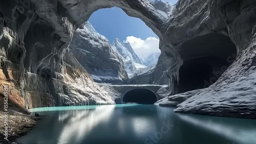 Mystical cave with turquoise waters and snowy mountains picturesque scenery