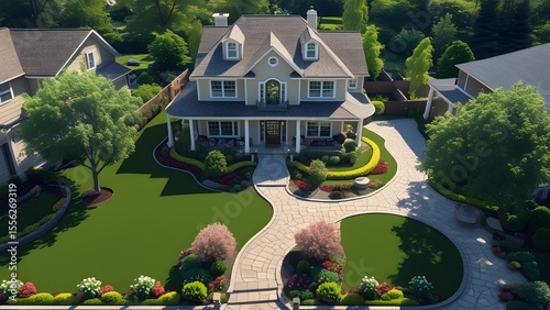 Aerial view of a beautiful two-story house with a landscaped yard