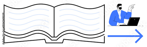 Open book illustration, professional at laptop gesturing, arrow indicating progress. Ideal for education, e-learning, online courses, teaching, reading tutorials training. Simple flat metaphor