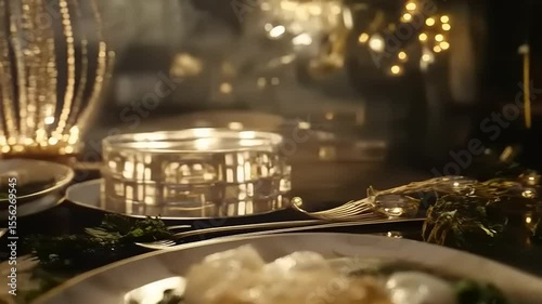 Elegant Celebration: Gourmet Meal with Champagne, Festive Lighting and Intimate Atmosphere