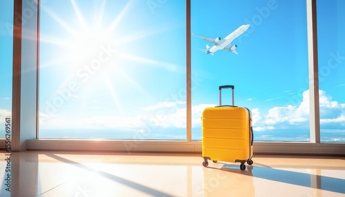 Yellow Suitcase at Airport Terminal with Airplane in Flight Background