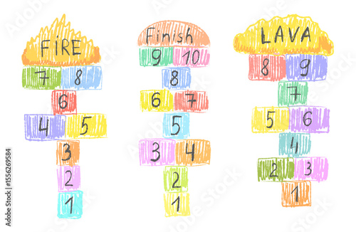 Hopscotch kid jumping game with number drawn on street with chalk or crayon pencil texture