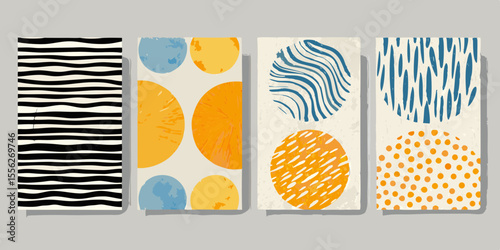 Abstract mid century modern geometric shapes and patterns on textured backgrounds