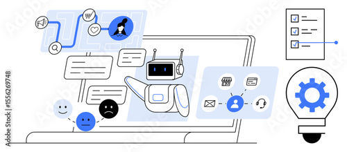 Robot analyzing messages on laptop, emoticons, checklists, communication tools, and gear icon. Ideal for customer service, technology, automation, AI chatbot support workflow user experience