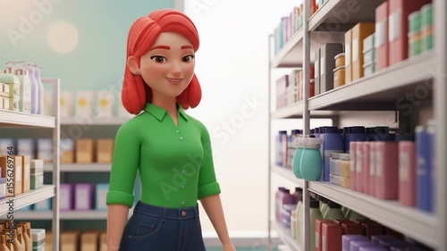 Animated Woman Shopping in a Store Aisle, Browsing Products on Shelves, Cartoon Style