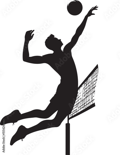 Dynamic silhouette of an athletic volleyball player leaping to spike the ball over the net, representing energy, sportsmanship, teamwork, and the passion for volleyball.