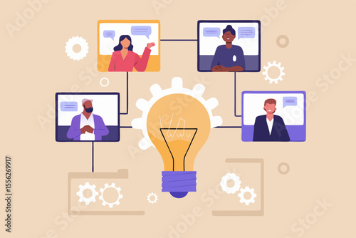 Diverse team collaborating remotely around a central idea lightbulb