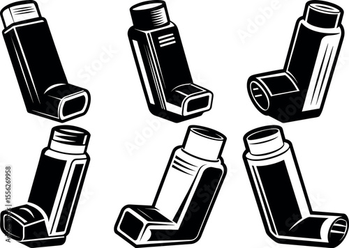 Multiple asthma inhalers showing different angles and styles vector silhouettes