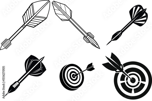 Dart and Dartboard Vector Graphics in Striking Black and White Composition vector silhouettes