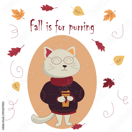 Cute autumn cat with coffee and falling leaves — flat illustration