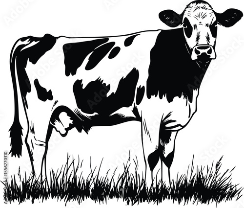 Vector illustration black and  dairy cow grazing pasture bold graphic style