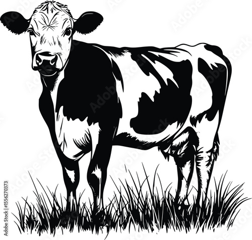 Vector illustration black cow grazing pasture farm animal graphic
