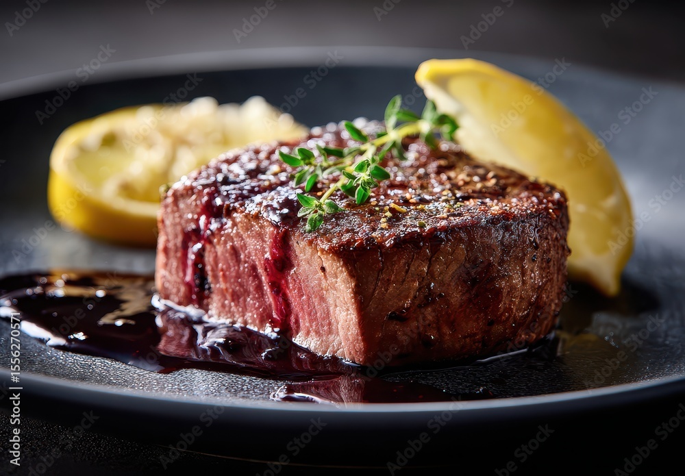 Cooked steak served with lemon and herbs on a dark plate and dark background Cooked steak served with lemon and herbs on a dark plate and dark background