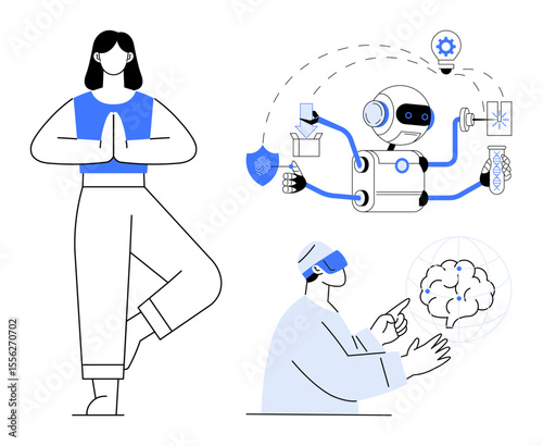 Woman practicing yoga, robot performing multitasking with digital tools, person in VR headset exploring brain visualization. Ideal for technology, health, meditation, AI, innovation, mindfulness