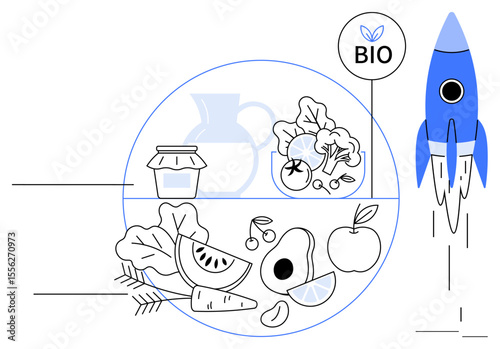 Clean design with vegetables, fruits, jar, jug, rocket launching, bio label. Ideal for sustainability, healthy lifestyle, innovation organic farming growth eco-consciousness simple flat metaphor