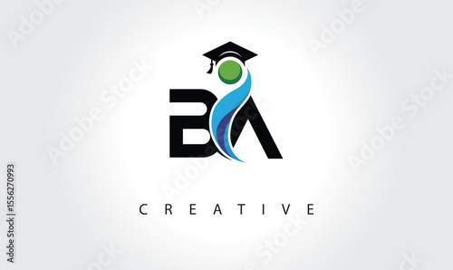 BA Creative Letter Logo with Graduation Cap and Abstract Human – Modern Education and Learning Symbol Design