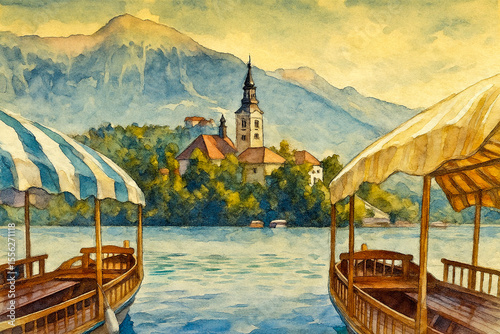 TYPICAL WOODEN BOATS, IN SLOVENIAN CALL PLETNA, IN THE LAKE BLED the most famous lake in Slovenia with the island of the church (Europe - Slovenia) - Watercolor style illustration