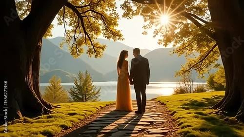 Romantic couple walks towards the sun on nature path, scenic landscape with trees and lake creates a serene moment.