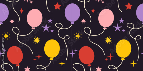 Vector seamless pattern with balloons and stars. Festive cartoon pattern perfect for celebration or birthday themes. Fun background design for wrapping, fabric or greeting projects.