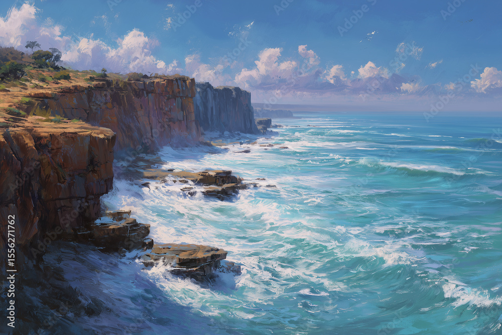 Obraz premium Coastal Cliff Landscape with Crashing Waves and Blue Sky, 