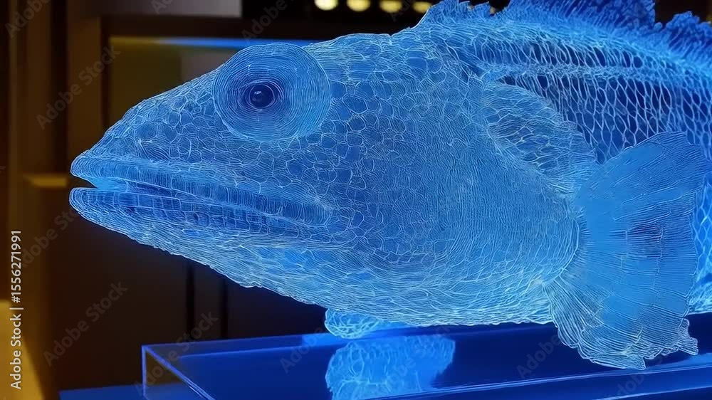 Intricate blue fish model under radiant lighting showcasing refined detail