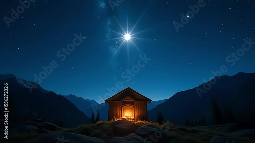Majestic mountain scene with a rustic cabin glowing under a starry night and bright moonlight