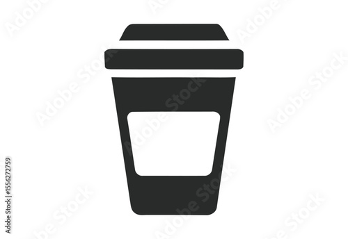 Simple dark gray silhouette of a disposable coffee cup with a white label