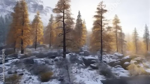 Snow-Kissed Wilderness Serenity: A Tranquil River Scene in Winter Mountains