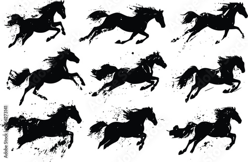 Dynamic vector silhouettes nine galloping horses ink splatter art