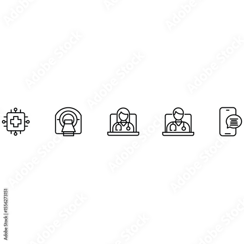 Medical technology artificial intelligence telehealth remote doctor consultation icon set in outline style for online healthcare vector illustration.