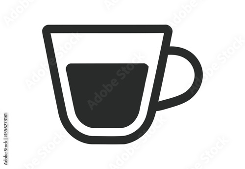 Simple black and white icon of a coffee cup filled with dark liquid