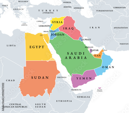 Mashriq, multi colored political map. Also called Arab Mashriq, the Arabic equivalent for the Middle East, and the eastern part of the Arab World, opposed to Maghreb which is the western region.