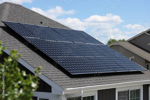 A solar panel sits tiled roof with white trim, catching sunlight from the upper left, while a neighboring gray-roofed house appears in front view.