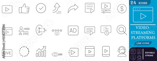 Minimal line icons set for video streaming platforms, featuring play, ads, analytics, live, engagement, feedback, monetization, and viewer interaction tools.