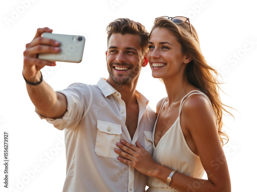 Happy young couple taking a selfie with a smartphone, smiling man and woman on summer vacations isolated on transparent background
