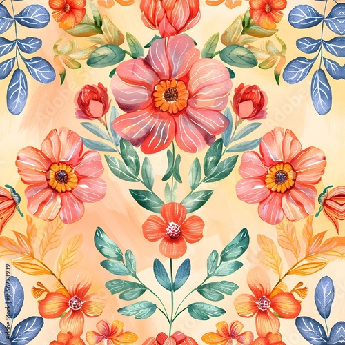 Wallpaper Mural Hand painted watercolor vintage floral seamless pattern. Abstract tropical flower blooming with foliage. Exquisite botanical design for fabric print. Torontodigital.ca