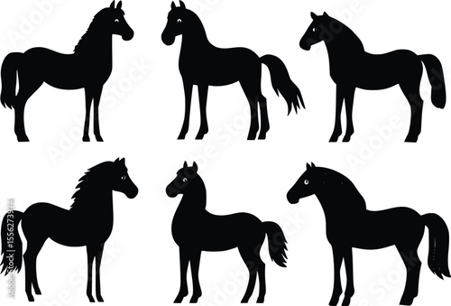 Six vector silhouettes elegant black horses various poses