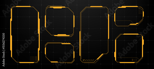 Set includes various yellow HUD frames on black grid background. Futuristic user interface elements for game display.