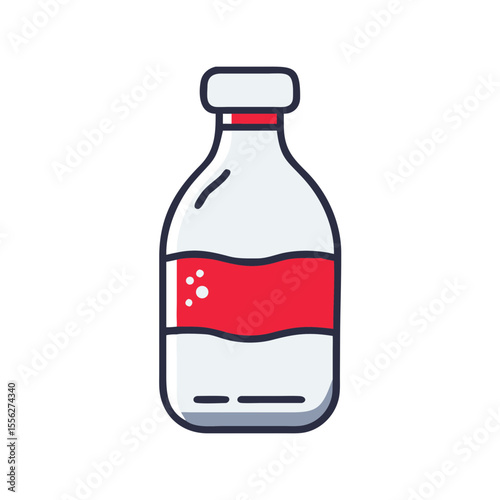 Glass bottle with red label in minimalist flat design  