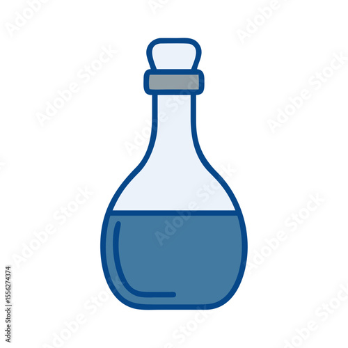 Glass bottle with blue liquid in minimal design style  