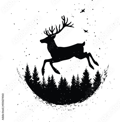 Majestic leaping deer vector silhouette over pine forest