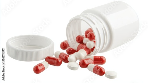 A stark white bottle reveals red and white pills spilling out against a clean backdrop, symbolizing medicine and relief in healthcare.