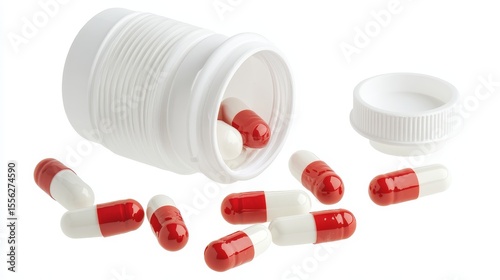 Red-and-white capsules spill from a pill bottle against a stark white background, highlighting the precision of medical treatment.