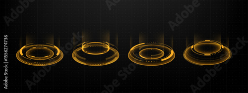 Four orange hud vector graphic elements. Futuristic user interface set. Abstract digital display design for technology and gaming scene.