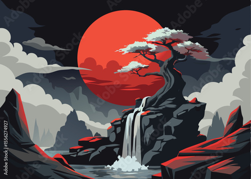 Surreal Landscape Featuring Red Planet, Exotic Tree, Majestic Rocks, and Cascading Waterfall background.