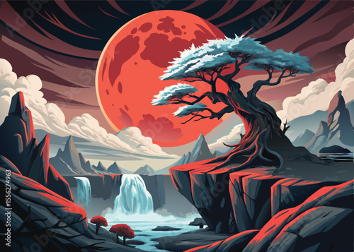 Surreal Landscape Featuring Red Planet, Exotic Tree, Majestic Rocks, and Cascading Waterfall background.