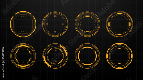 Set of eight round yellow hud elements on black. Future user interface design for digital technology display. Abstract vector concept.