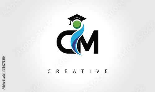 CM Creative Letter Logo with Graduation Cap and Abstract Human – Modern Education and Learning Symbol Design