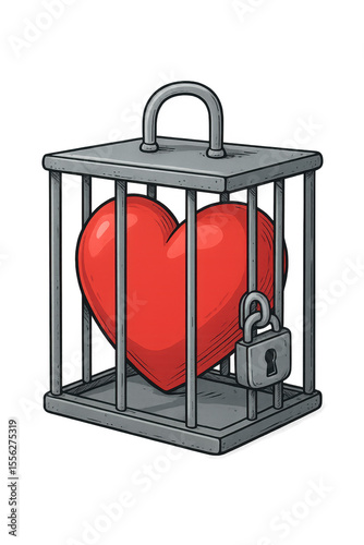 Red heart locked in a cage symbolizing repressed emotions. Transparent